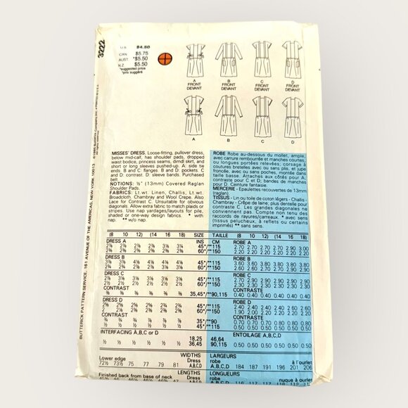 Vintage 1980s Butterick Sewing Pattern 3222 Misses Dress Size 8-12 - Picture 2 of 2